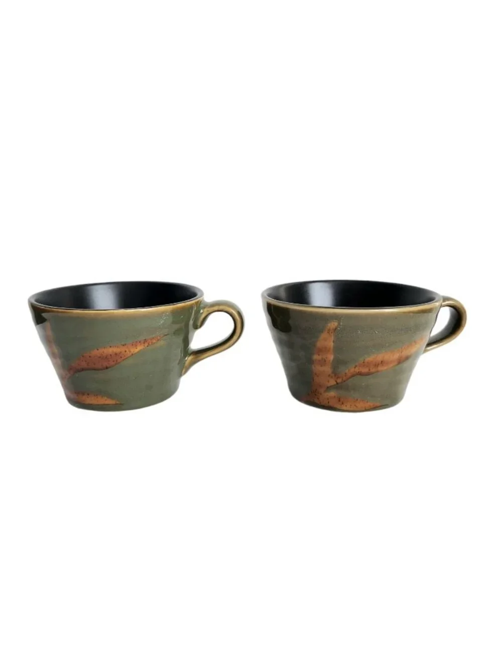 Set Of 2 Pier 1 DAKARA Tea Coffee Cup & Saucers Olive Green Black Interior Boho
